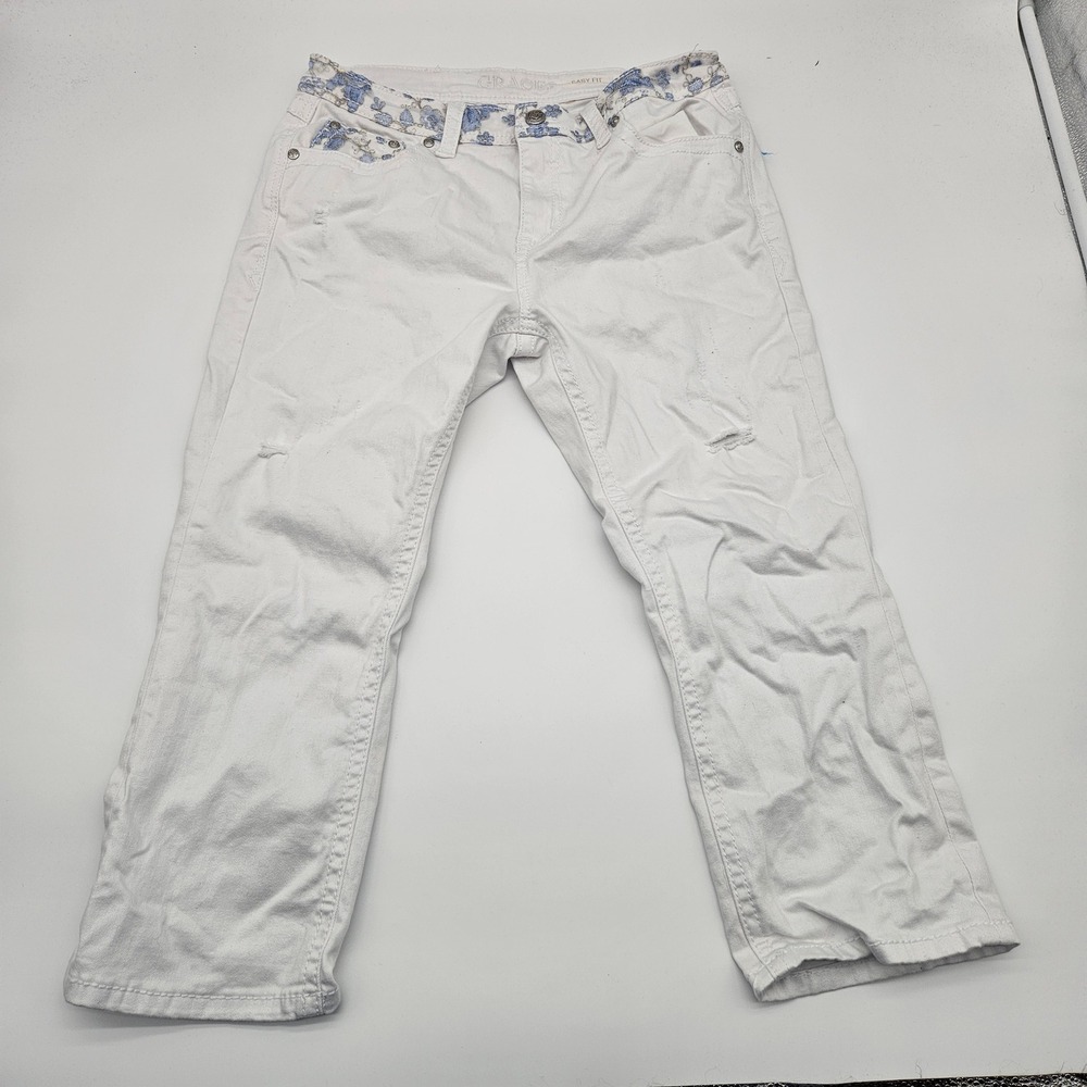 Grace Easy‎ Fit White Embroidered Floral Distressed Crop Jeans Size 30